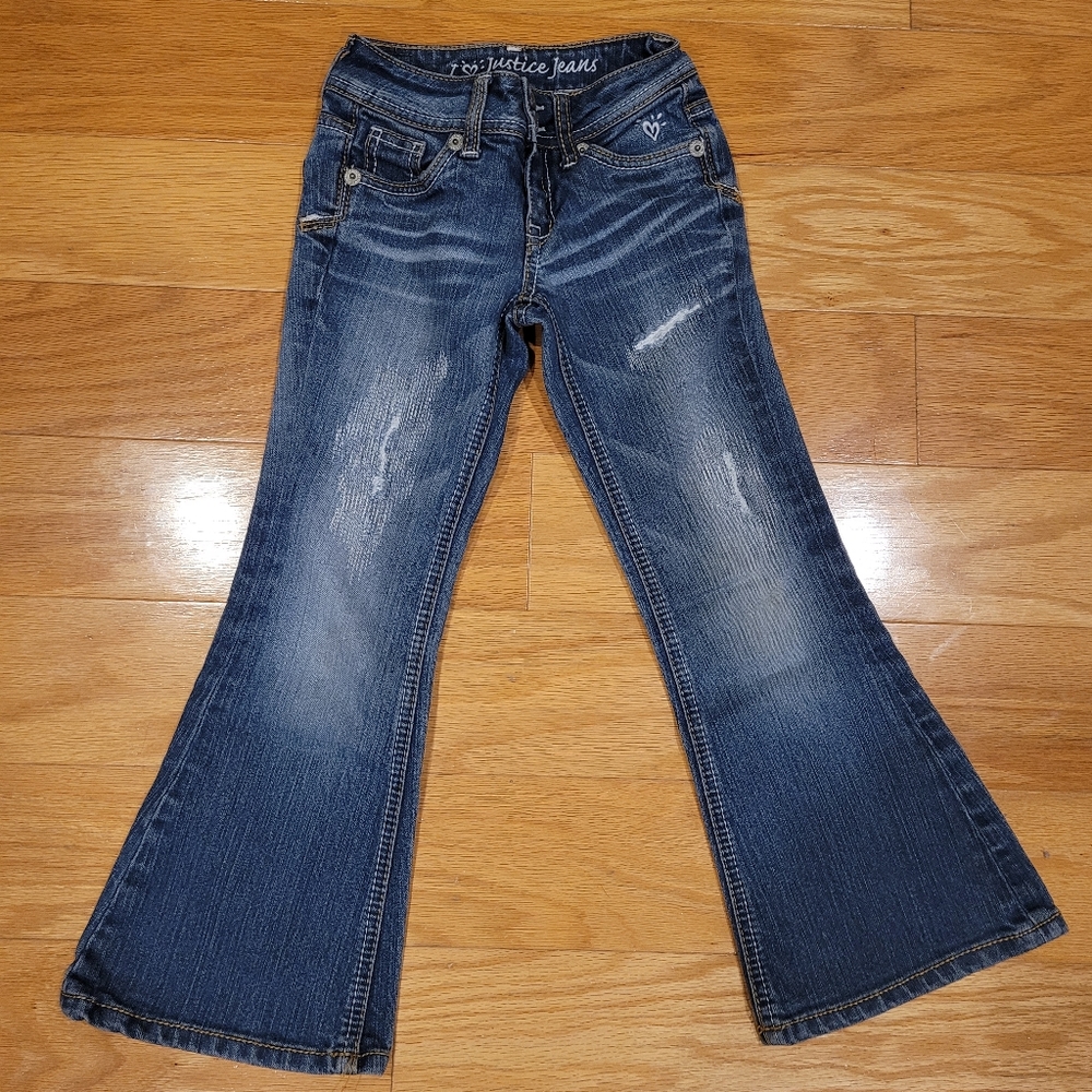 Girls justice jeans Flare Bottom size 6R distressed denim